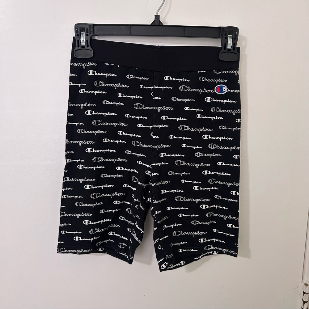 Women’s Champion Logo All Over Print Black and White Athletic Biker Shorts
